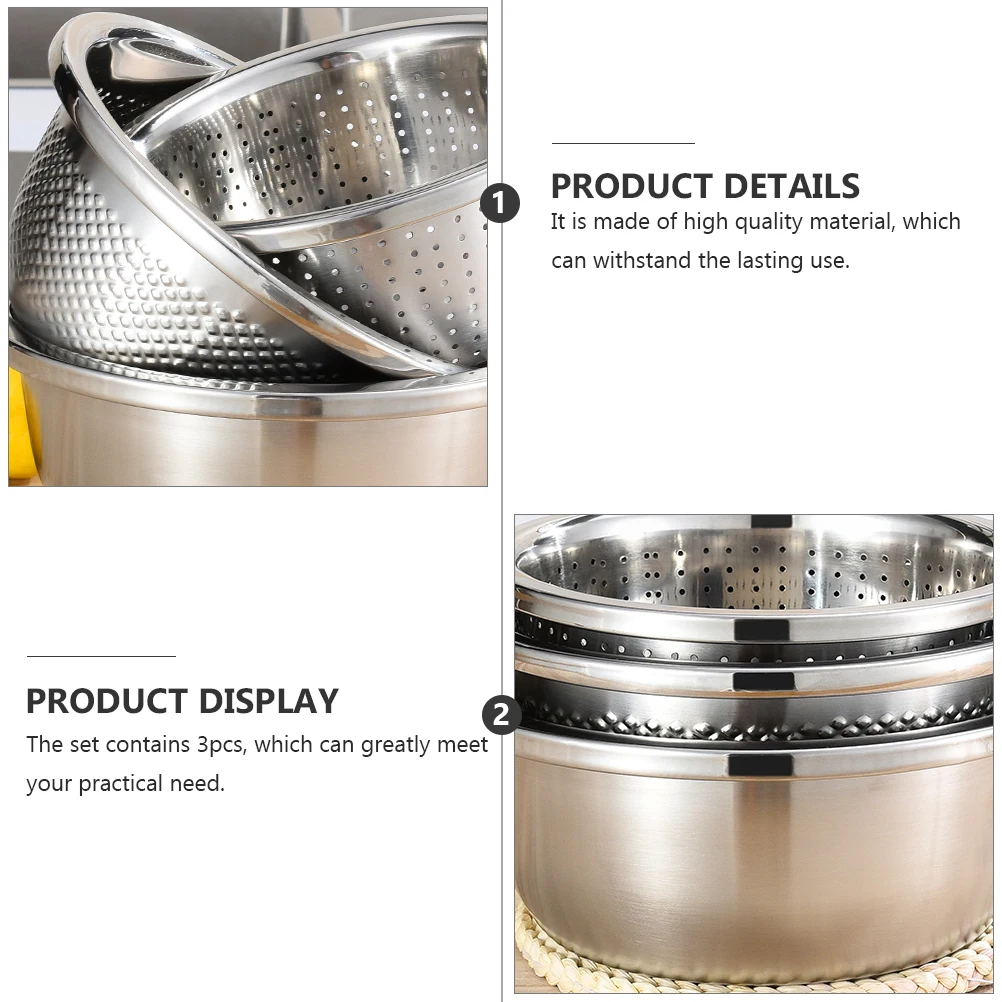

3Pcs Stainless Steel Drain Bowl Kitchen Fruits Drainer Basket Sink Dish Tub Easy Clean Sink Dish Tub Drain Bowl