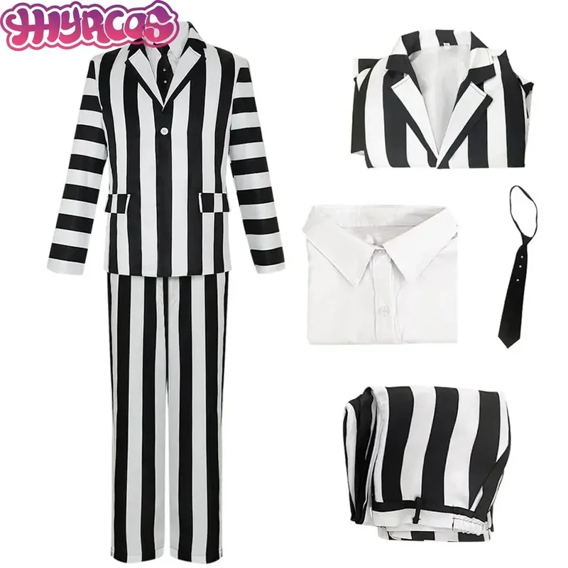 Anime Beetle Black White Striped Cosplay Costume Suit Blazer Juice Halloween Horror Movie Outfit Jacket Tie Shirt For Men Women