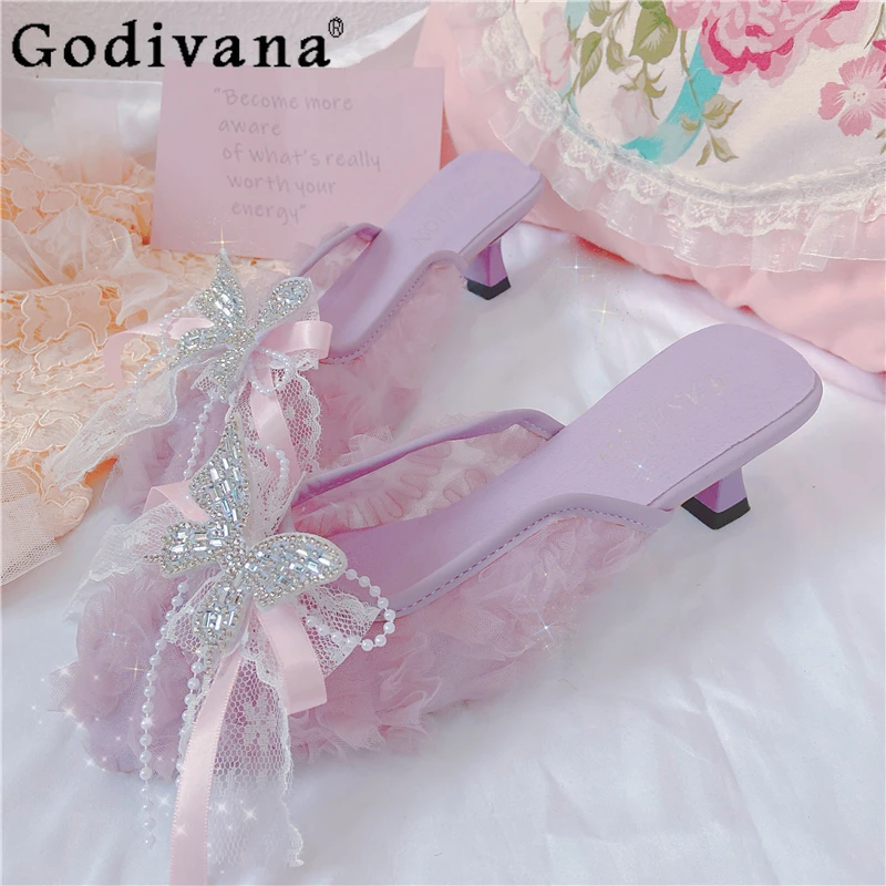 

Japanese Original Lolita French Elegant Lady Heavy Industry Rhinestone High Heel Sandals Princess Wind Lace Bow Outdoor Sandals