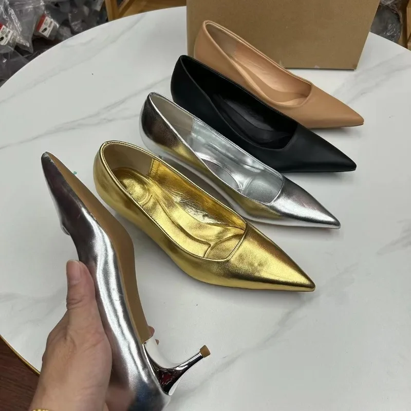 Y2k Shiny Silver Heels for Women Shoes Pointed Toe Luxury Gold Elegant Party Pumps Female Spring Autumn Black Heels Shoes New In