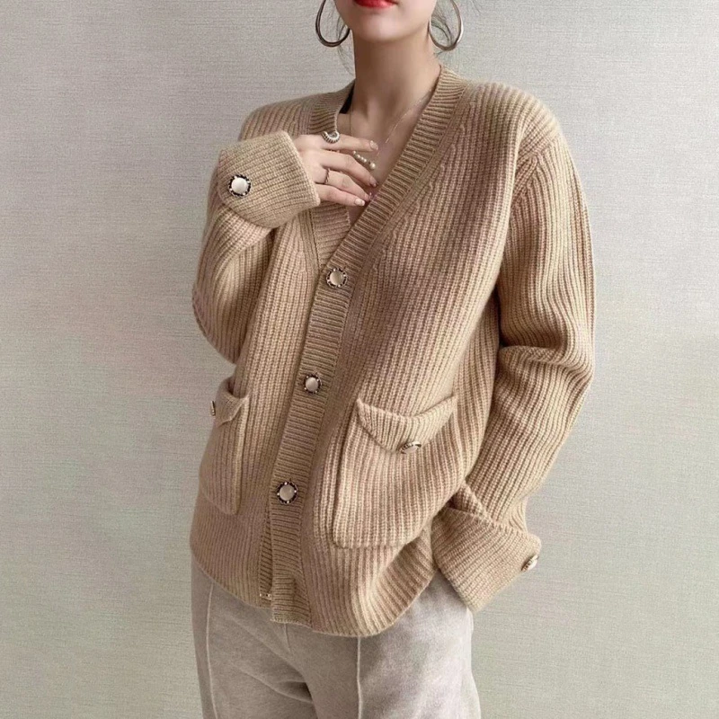 V-neck Loose Spring Fall Knitted Cardigan Casual Long Sleeve Knitwears Jacket Korean Fashion Sweater Women Vintage Tops New