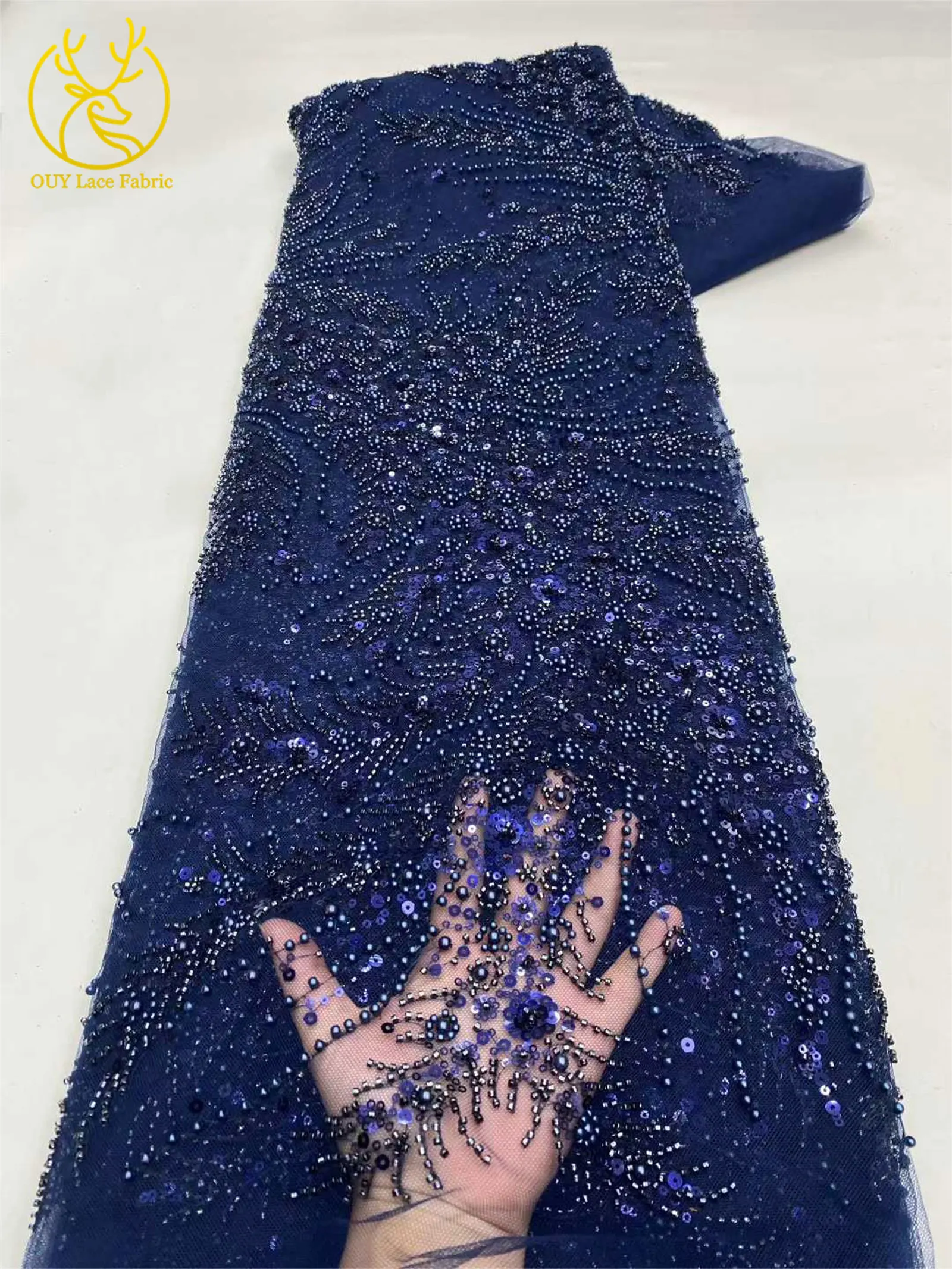 2026 Luxuriöser, zarter Netzstoff mit Perlenstickerei, 5 Yards, eleganter, hochwertiger afrikanischer Spitzenstoff für Hochzeits- und Abendkleider zum Nähen – Detail 7