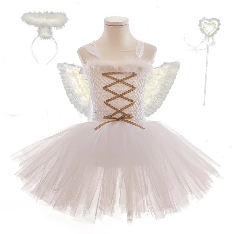

Cute Girls Princess Style Dresses White Angel Gowns Festive Girls Play Costumes Handmade Puffy Dresses