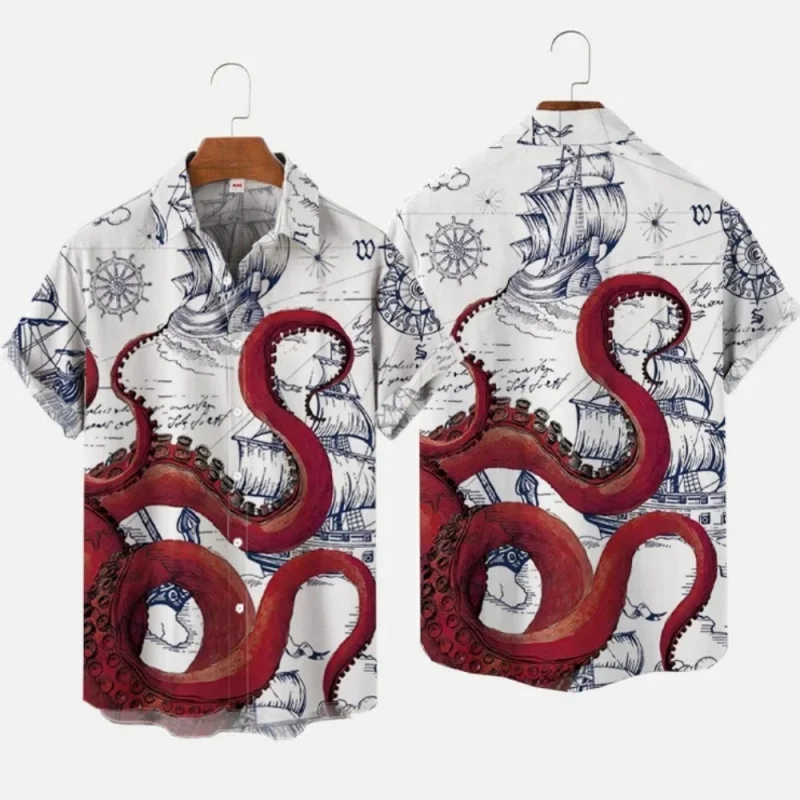 Colorful Tentacles Graphic Beach Shirt For Men Marine Animal 3D Print Hawaiian Shirts Summer Vacation Loose Short Sleeve Tops