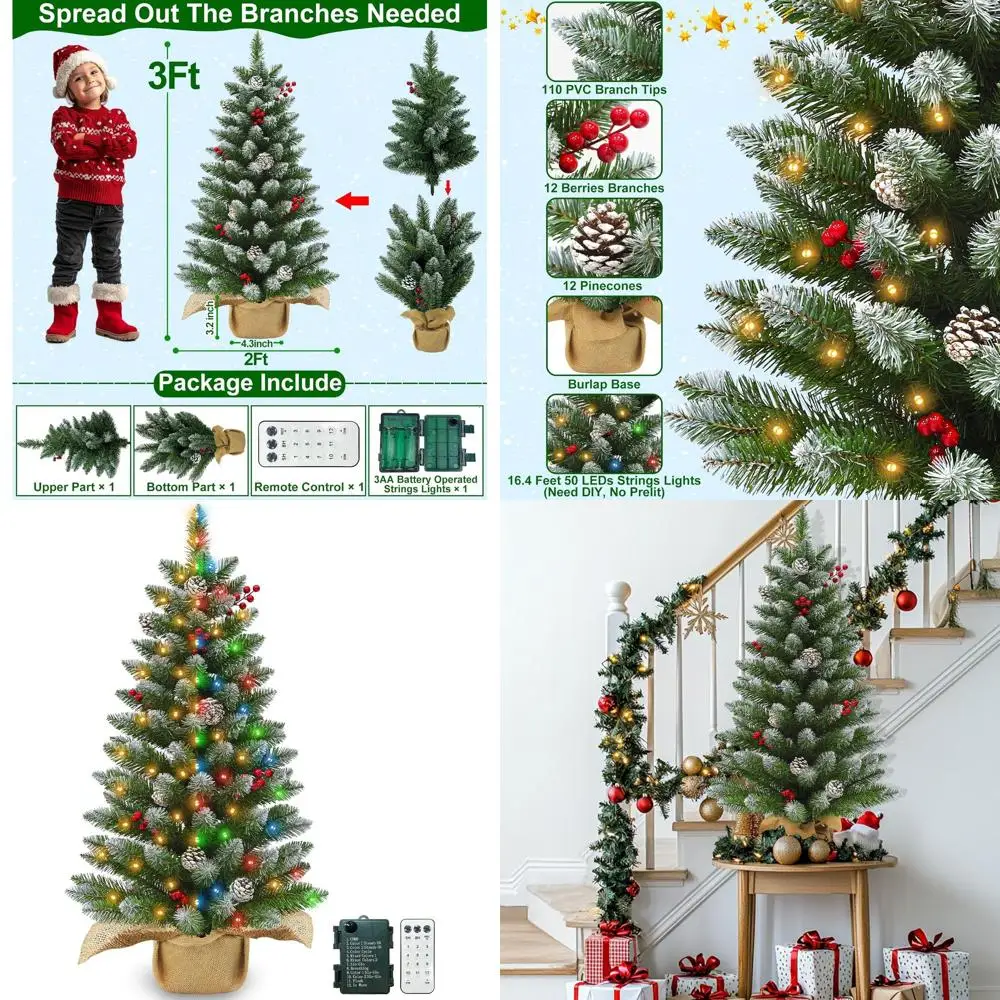 

Artificial Mini Christmas Tree with Snowy, Timer, Battery-Operated, 50 Warm White & Colorful Lights, 110 Branches, 12 Pinecones,