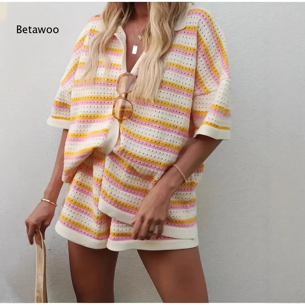 Women's Striped Knit Two Piece Set Short Sleeve Button Down Top with Matching High Waist Shorts Summer Casual Lounge Outfit