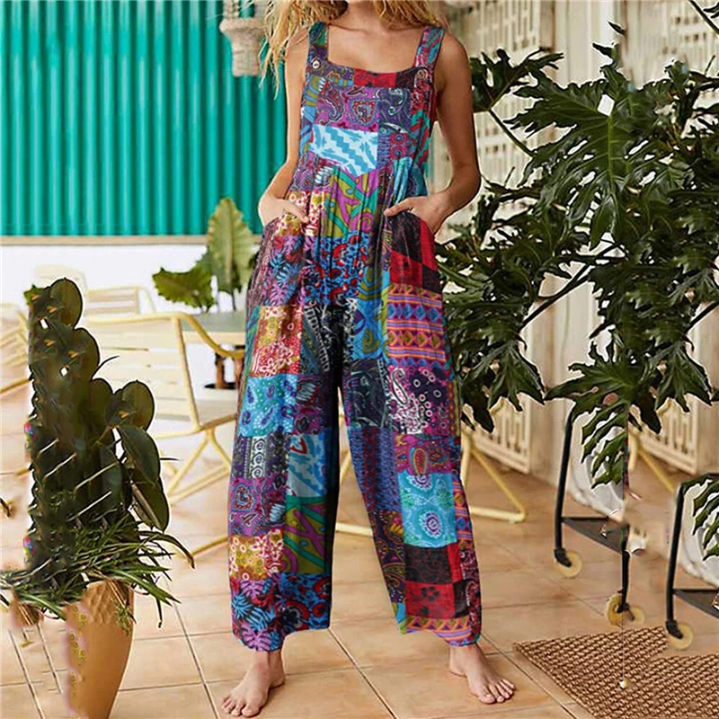 Frauen ethnischen Stil Overalls Sommer Overalls schulter frei Blumen druck ärmellose lässige Stram pler mit Taschen für Mädchen Spiel anzug