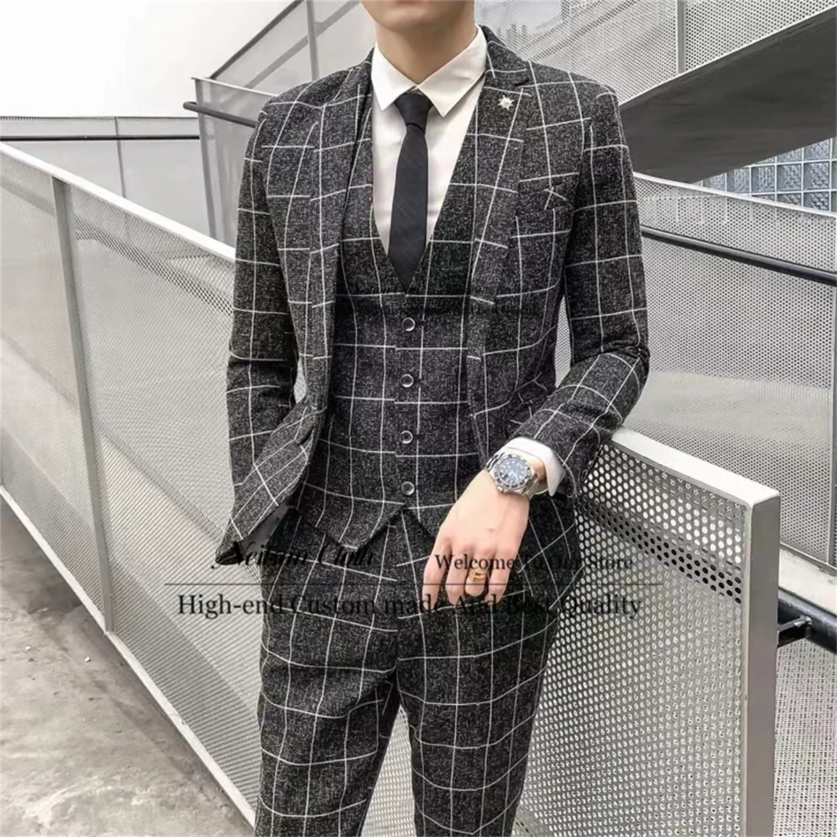 

Black Men Suits Notched Lapel Groomsmen Male Prom Blazers 3 Pcs Sets Plaid Groom Wedding Tuxedos Slim Fit Office Terno Masculino