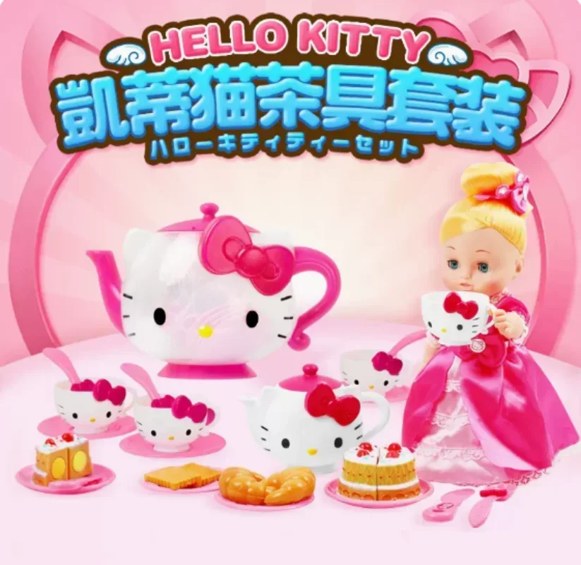 Hello Kitty Sanrio Tea Set Kawaii Anime Figure Cute Teapot Kt Cat Gift Toys for Girls Kids