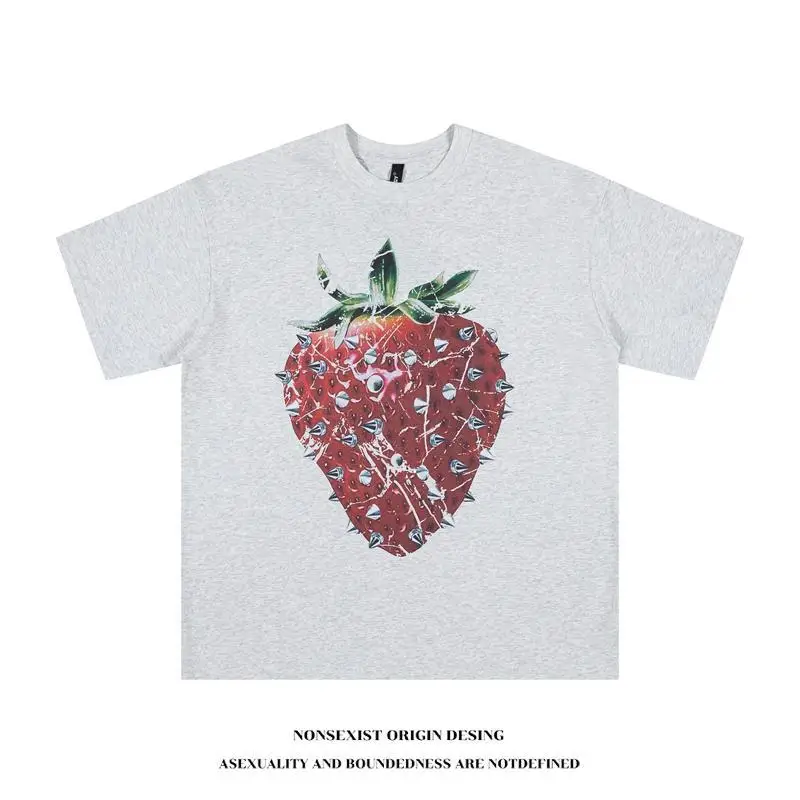 American retro fun niche punk three-dimensional rivet strawberry print short-sleeved T-shirt dark half-sleeved men clothing y2k