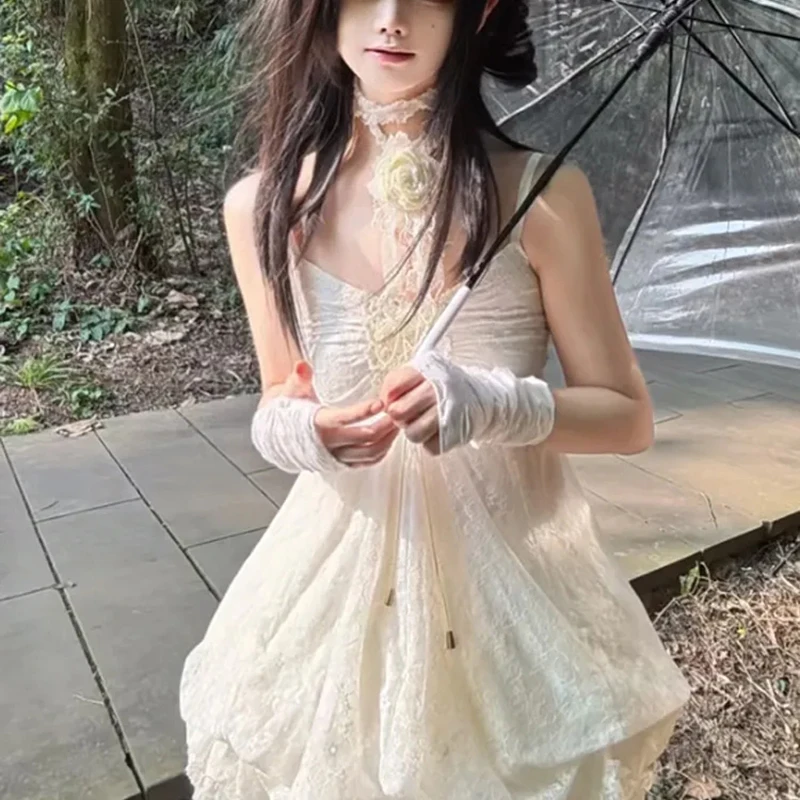 ลูกไม้ Sweetheart สีขาว Camis ฤดูร้อนญี่ปุ่นชุดมินิแขนกุด Ruffled Pod Drawstring ชุดราตรี Vestidos