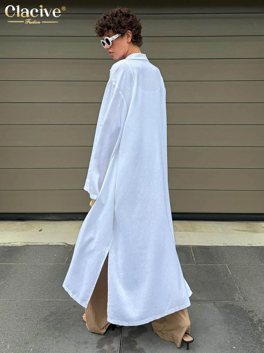 Clacive Fashion Loose White Cotton Women Dress Casual Lapel Long Sleeve Ankle Length Dresses Elegant Classic Solid Female Dress