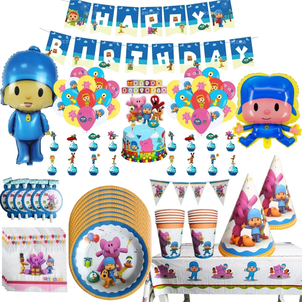 Decoraciones para Fiesta de Cumpleaños de Pocoyo, Globos de Eeyore y Pato, Vajilla de PP con Diseño de Elefante, Platos, Vasos, Gorros, Mantel para Eventos Infantiles