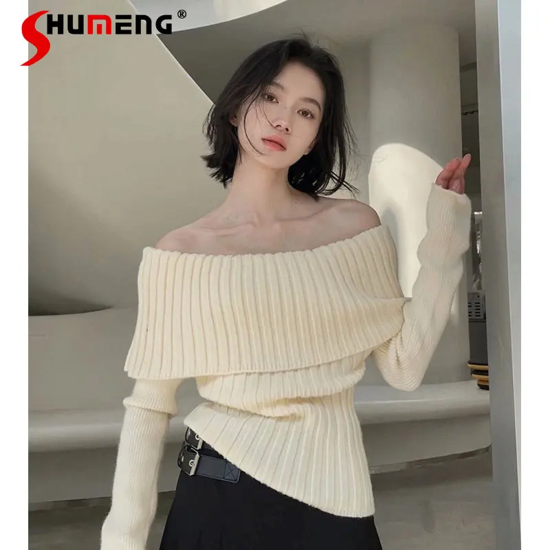 

Long Sleeve Off-Shoulder Sweater for Women Autumn and Winter New French White Gentle Chic Temperament Slimming Top Fashion