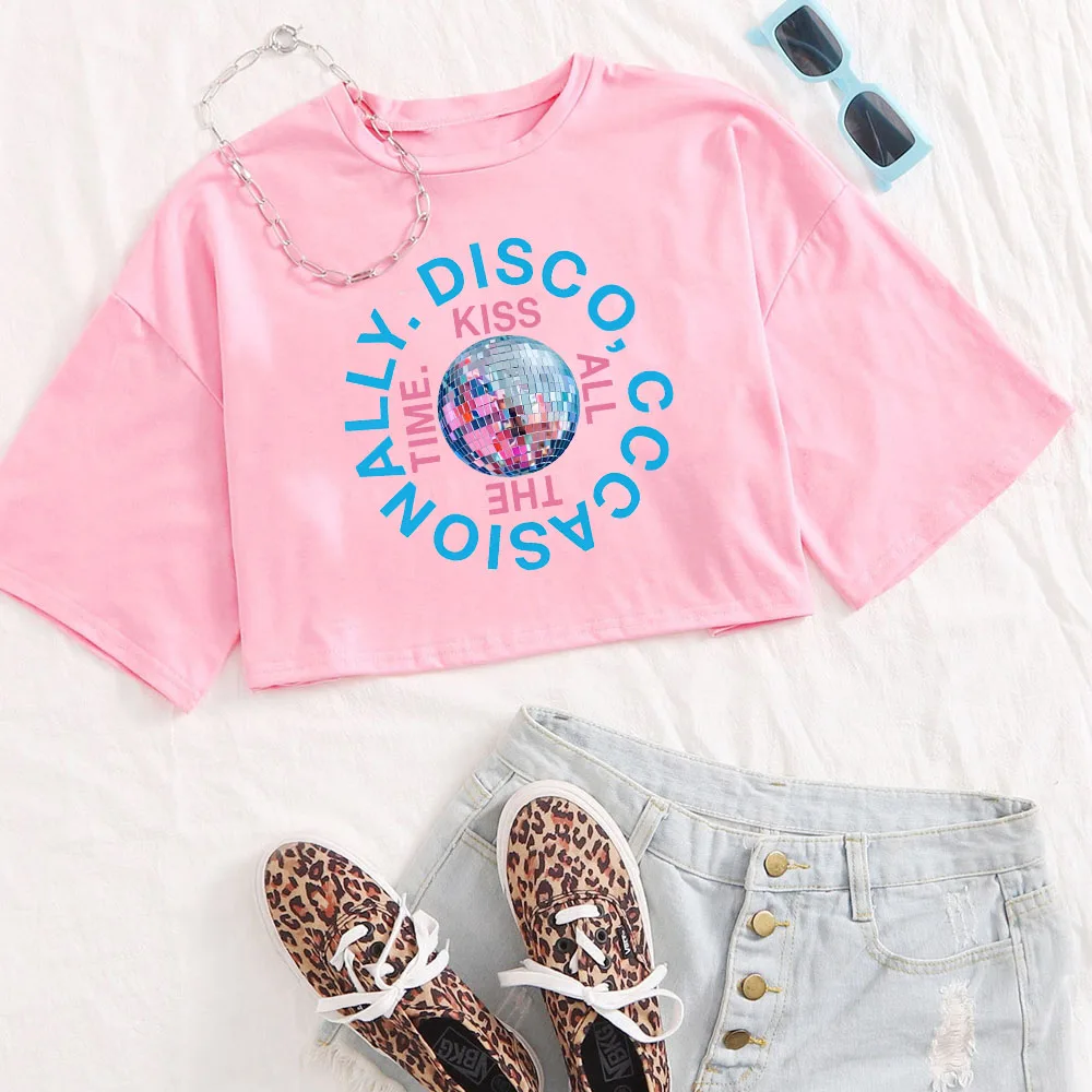 Kiss All The Time Disco 2026 Shirt Women Kpop O-Neck Short Sleeves Y2k Crop Tops T-shirt