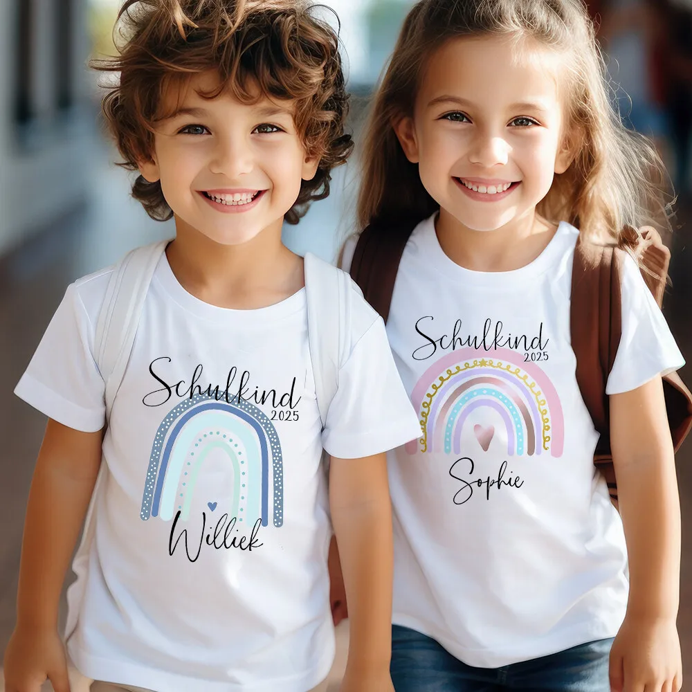 Niedliches Schulkinder-T-Shirt mit Namen/Datum, Regenbogen-Schulkinder-T-Shirt 2026, personalisiertes T-Shirt für die erste Klasse, T-Shirt für den ersten Schultag