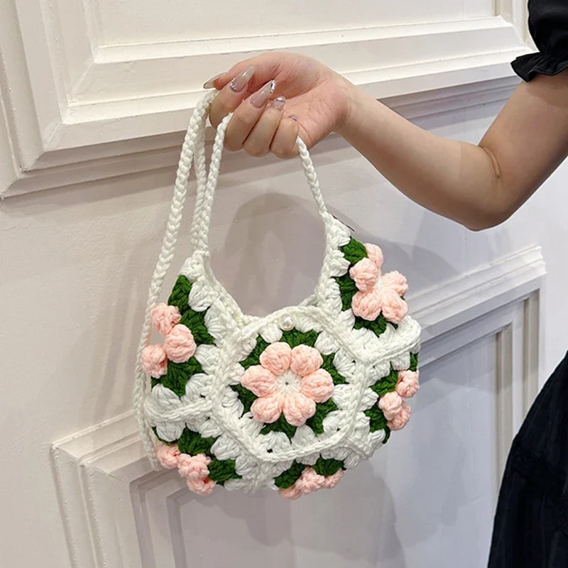 

Summer Girls Knitted Bag Small Fresh Fashion Flower Messenger Bags Street Casual Handmade Woven Women Shoulder Bag 2024 New