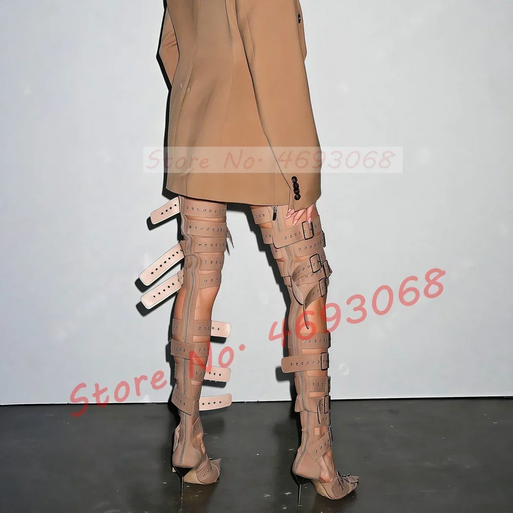 Nude Buckle Strap Thigh High Sandals Women Sexy Pointy Toe Shiny Metallic Eyelets Long Shoes Ladies Puttee High Heels Sandals