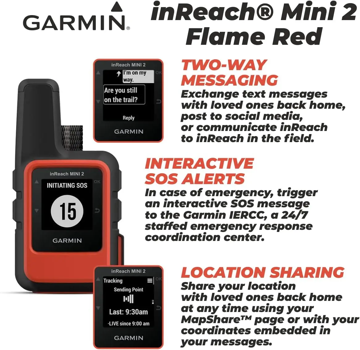 Garmin inReach Mini 2 comunicatore satellitare (rosso fiamma) con pacchetto di alimentazione