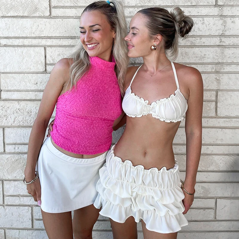 TARUXY Sexy Camisole Top Low Waist Stacked Ruched Skirt 2-Piece Set Solid Color Sleeveless Backless Beach Holiday Summer Outfit