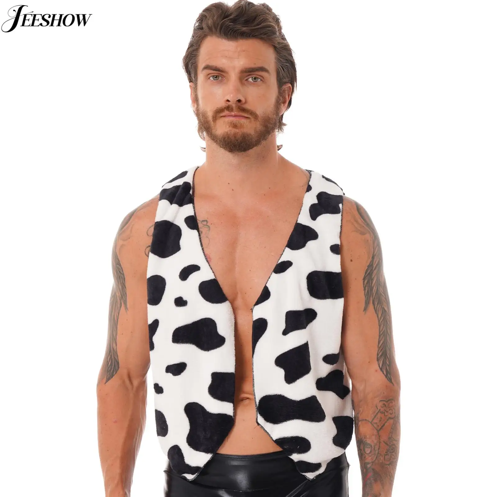 Mens Cow Print Vest Top Flannel Open Front Tank Top V Neck Waistcoat Jacket Halloween Theme Party Fancy Dress Animal Costume