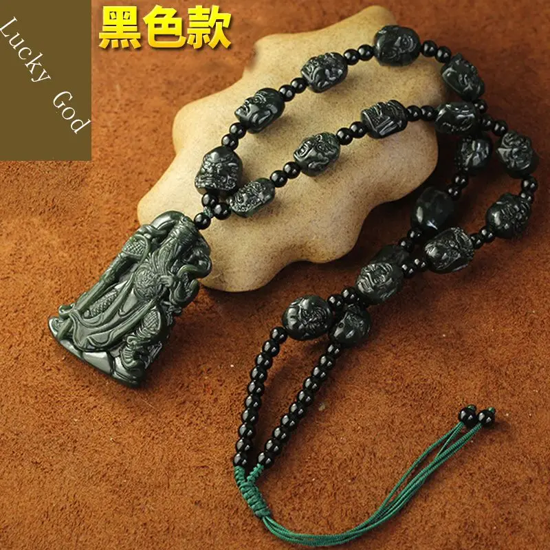 

Craftsman Hand Carved Guangong Amulet Dark Green Jade Pendant Necklace TALISMAN Chinese Horoscope God of Wealth GuanYu