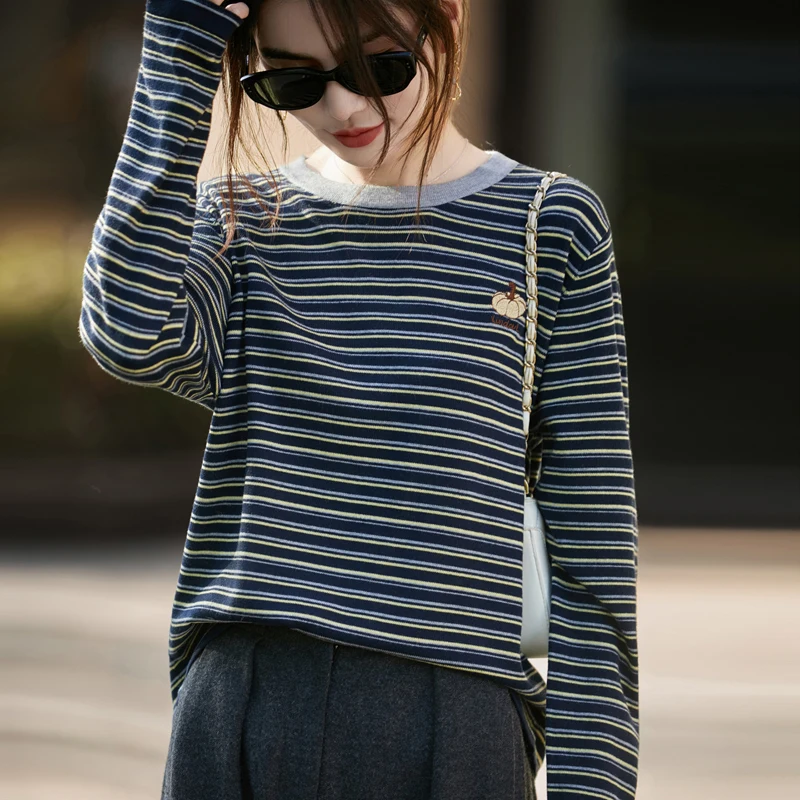 

Новинка 2023 года, женский кашемировый свитер, осень/зима, женский пуловер, полосатый свитер, модный пуловер, вязаный нижний свитер