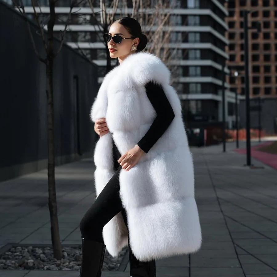 여성용 천연 여우털 조끼, 흰색 여우털 코트, 라운드 칼라 크롭 퍼 재킷, 신상 따뜻한 롱 리얼 퍼 조끼