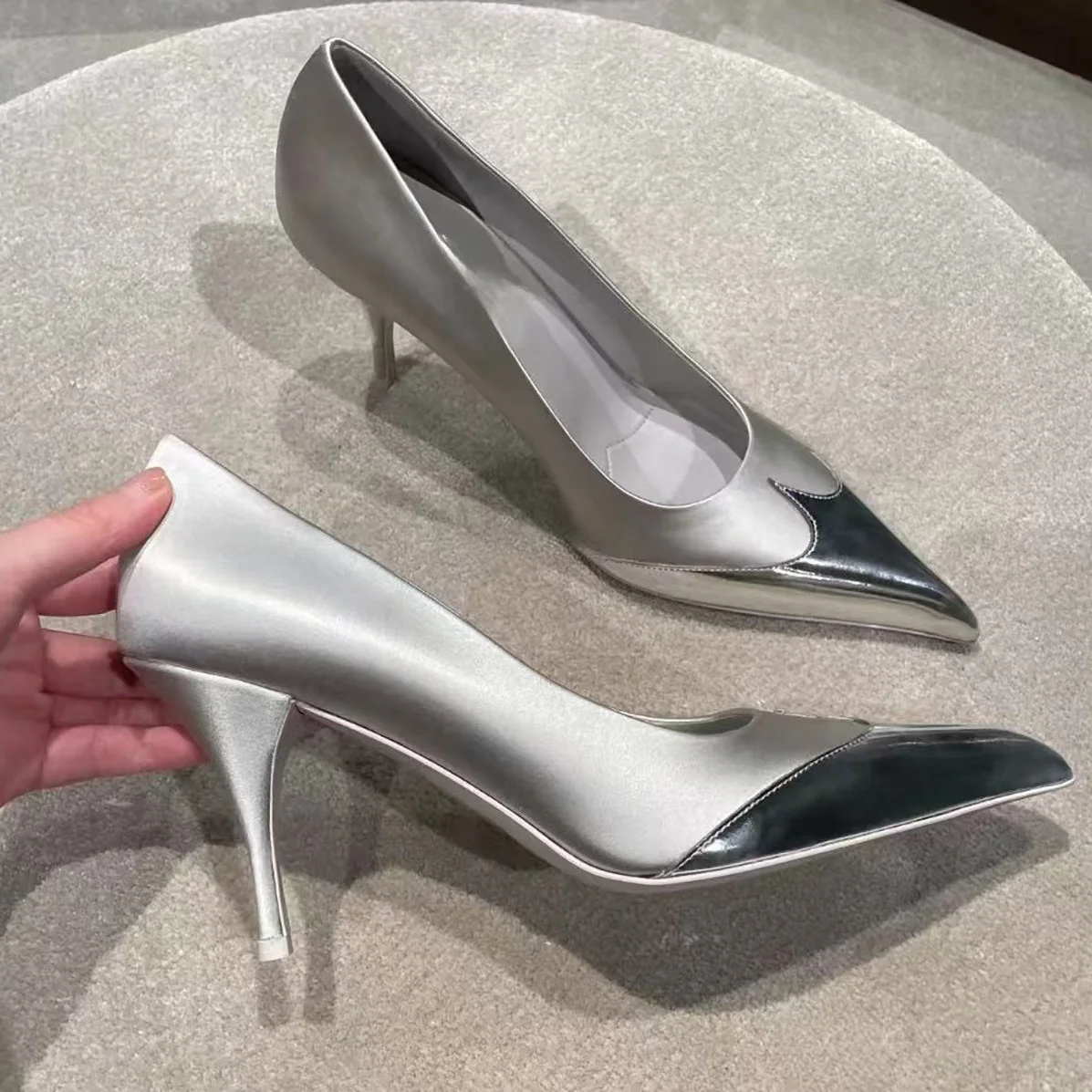 

2025 Summer New Sliver Triangle Buckle Pointed Toe Color Matching Stiletto Heels Versatile Temperament Slip-On Pumps For Women