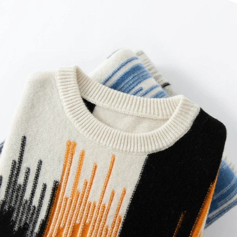 Autumn And Winter New 100% Pure Wool Men's Round Neck Contrast Thick Warm Sweater Loose Cashmere Knit Bottoming Shirt