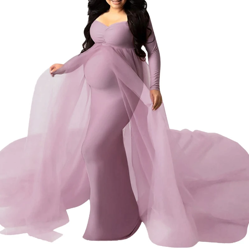Maternity Long Sleeves Floor Length Mesh Dress Pregnant Dress with Long Train for Shooting Baby Baptism Party