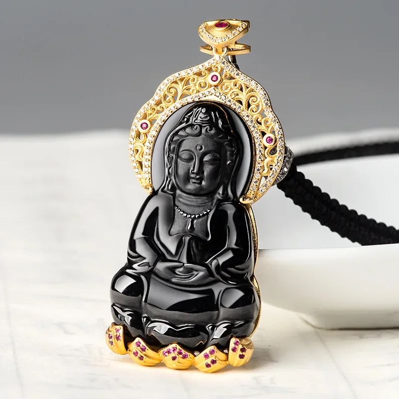 

Burmese Jadeite Guanyin Pendant Natural Black Charms Fashion Jade Gifts for Women Necklace Amulet Real 925 Silver Pendants