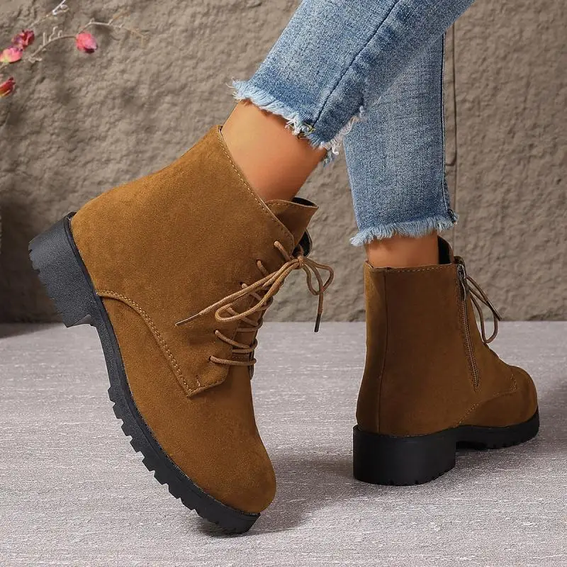 Retro Western Women Faux Suede Low Heels Ankle Boots Thick Sole Waterproof Woman Heighten Shoes Autumn Winter Warm Snow Boots