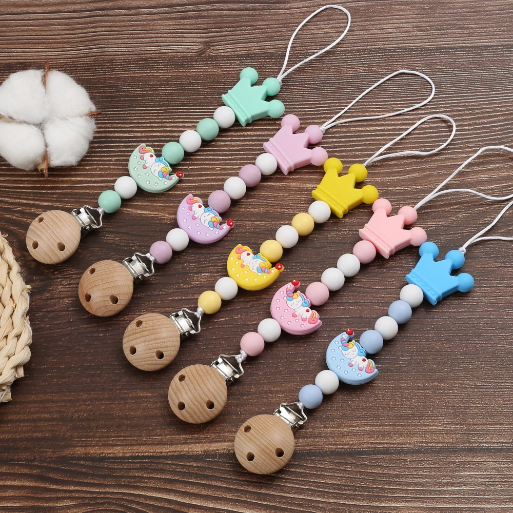 

Cartoon Moon Silicone Crown Beads Baby Pacifier Chain Beech Wood Nipple Clips For Baby Soother Dummy Holder Chain Care Chew Toy