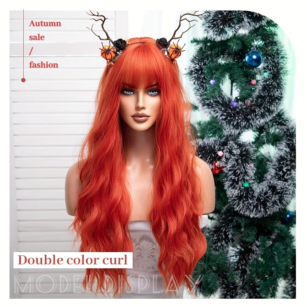 شعر مستعار طويل مموج مع غرة للنساء - باروكة شعر صناعية مموجة مقاومة للحرارة باللون البرتقالي للحفلات التنكرية "شعر مستعار اصطناعي ناعم حريري #5