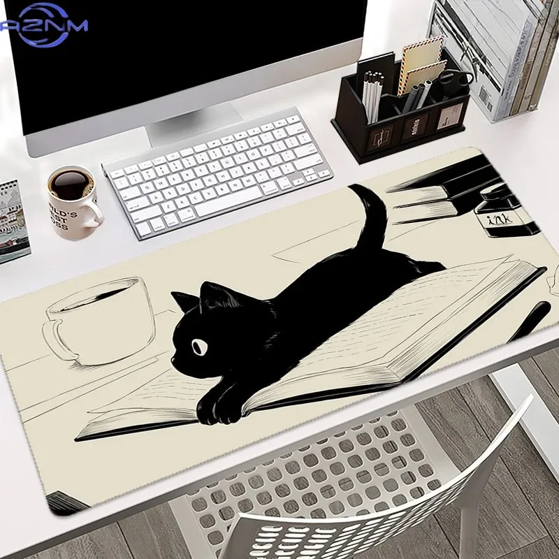 Lying Black Cat Minimalist Large Mouse Pad, Cute Kitten Sketch Non‑Slip Office Desk Mat