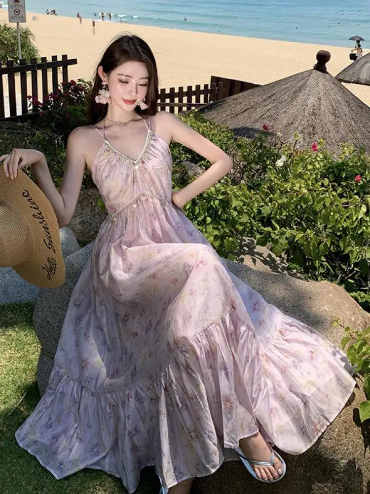 

French Women's Pink Print V Neck Off Shoulder High Waist Elegant Slip Dress Summer Sleeveless Backless Halter Lace-up Long Dress