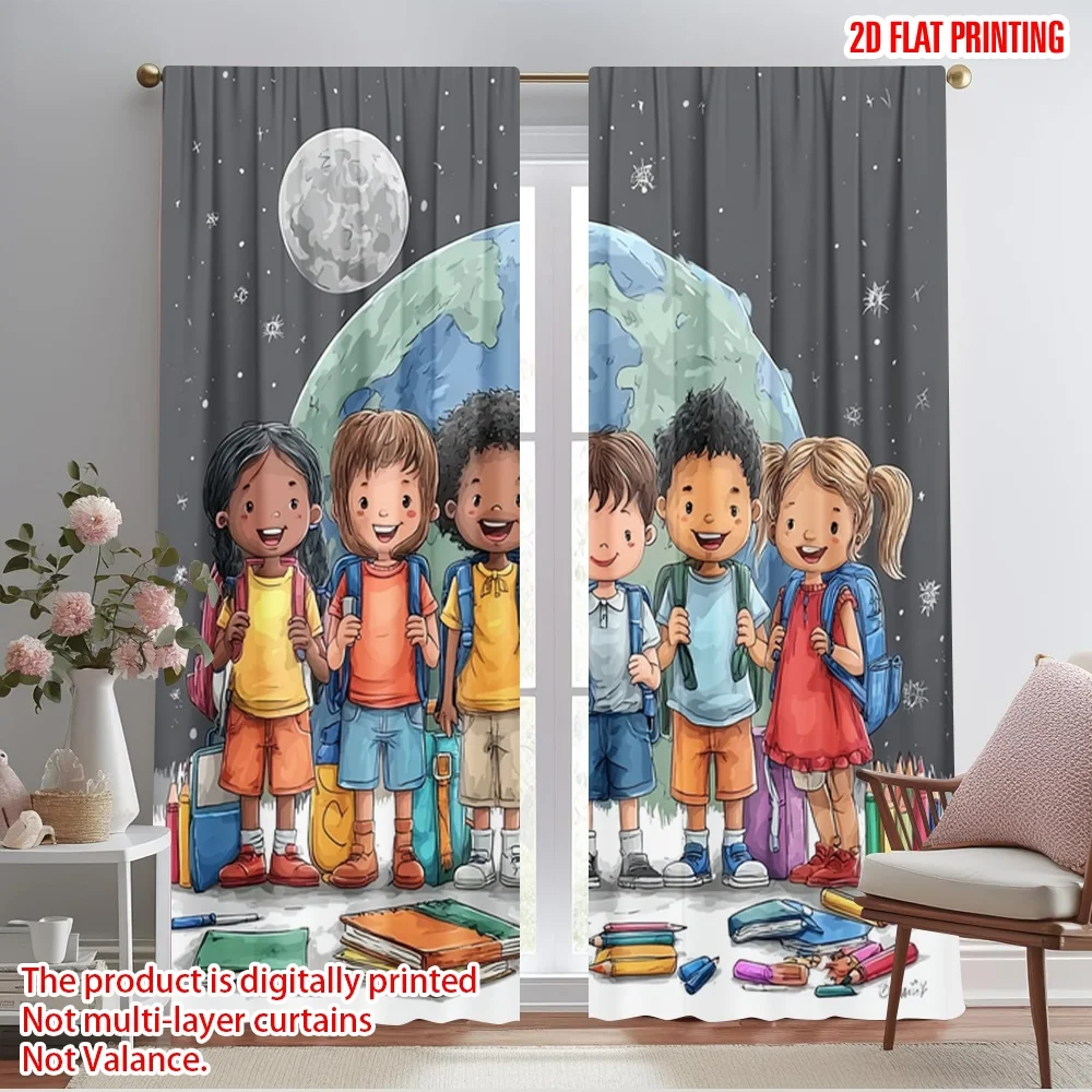 2pcs,2D plane printing Curtain Popular Cheerful School 100% Polyester (without rod) Decorations Outdoor Perfect for Living Room