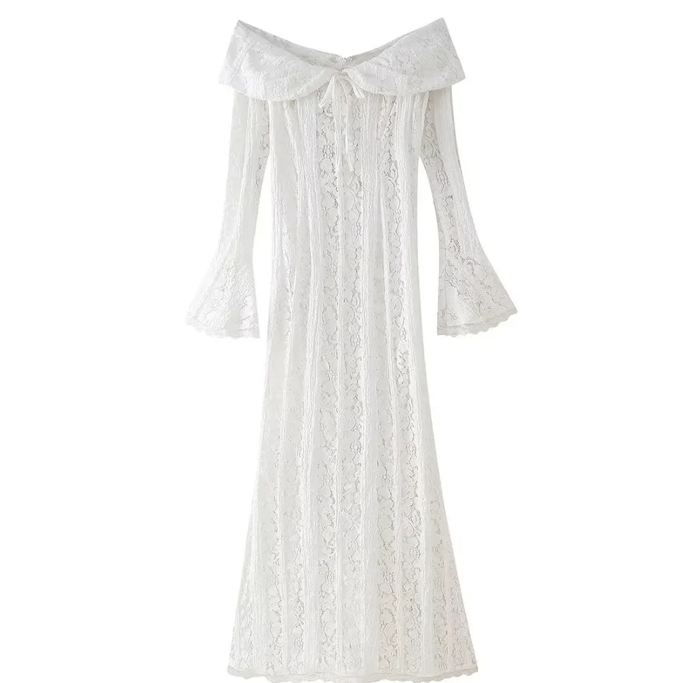 Abito lungo vintage con spalle scoperte in pizzo floreale scavato Moda donna Abiti slim a maniche lunghe svasati 2025 Elegante abito da festa da donna