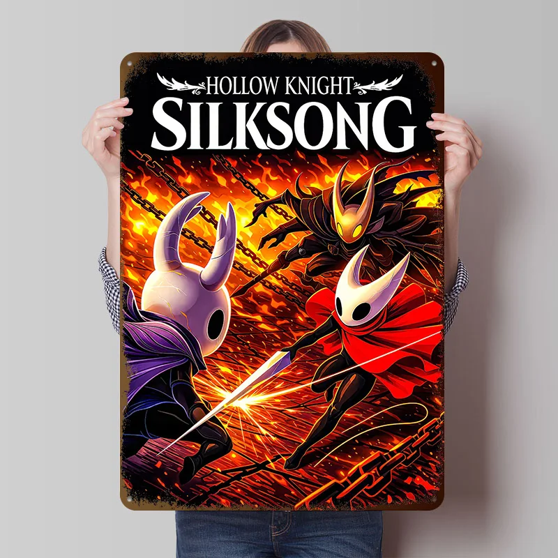 Hollow Knight Silksong Spiel-Kunst Metallposter Individualisierte Wandkunst Retro Vintage Metallschilder für Männerhöhle Garagenzubehör Haus