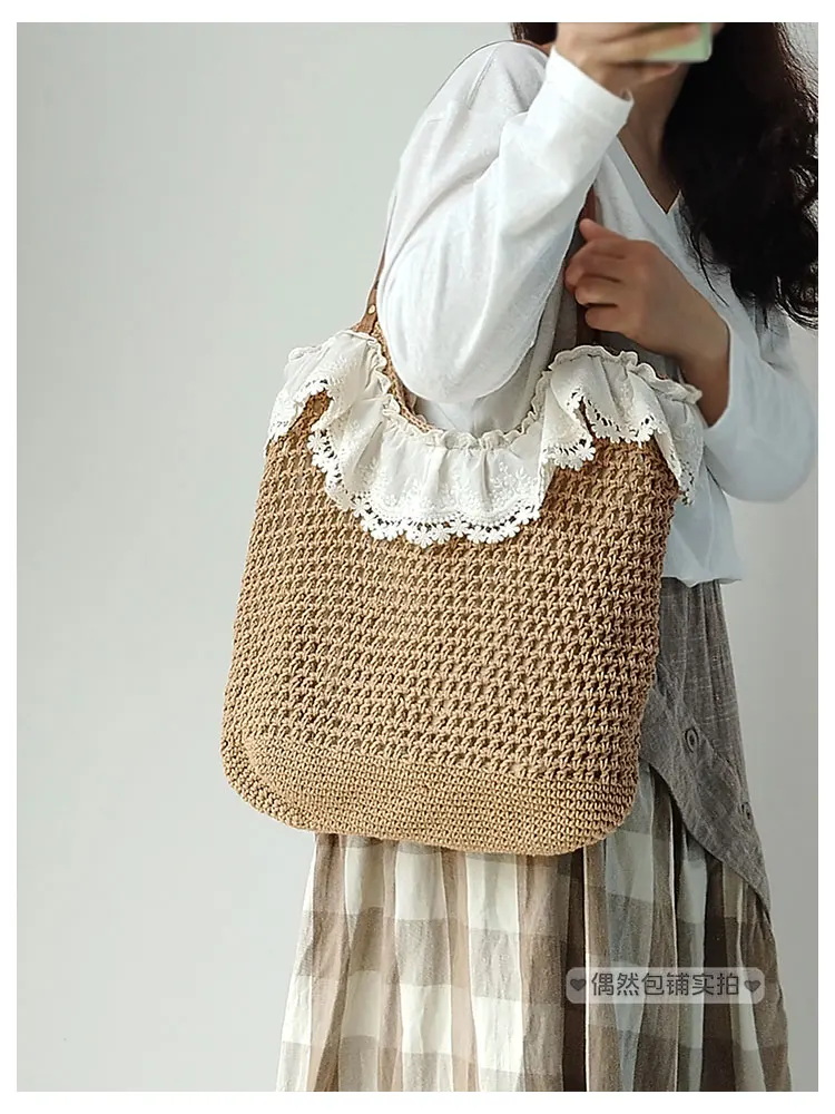 

Japanese Summer Bohemian Sweet Hollow Cotton Thread Grass Woven Bags Beach Bag Mori Women's Shoulder Bag Travel Seaside Vacation