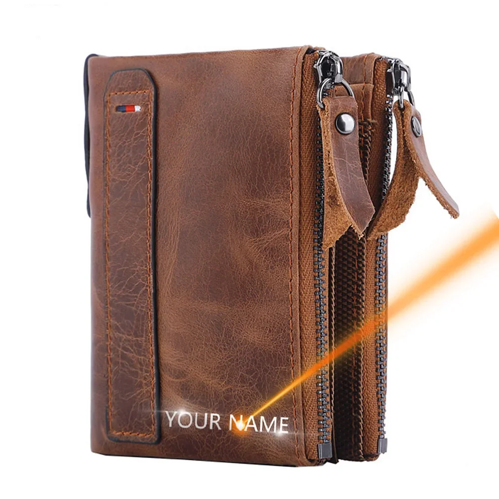 2024 Men Wallets 100% Genuine Cow Leather Name Customized Short Card Holder Leather Men Purse High Quality Brand Male Wallet