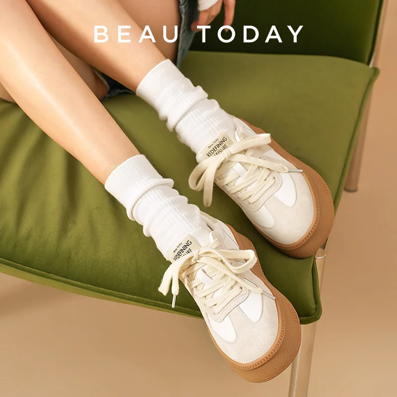 Stylish Women's Suede Leather Lace-Up Sneakers - Handmade Flats