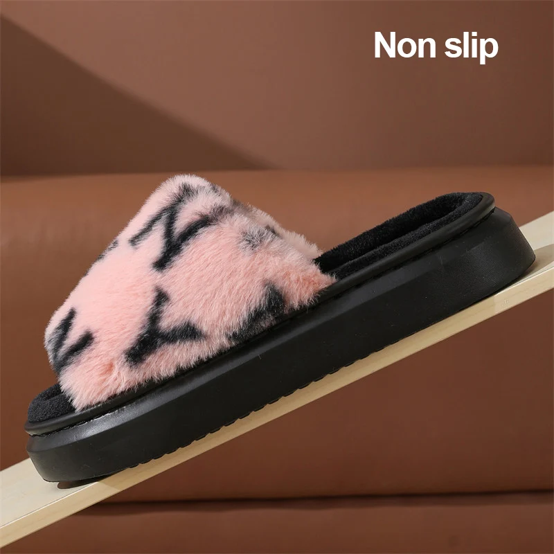 Marke Design Brief Drucken Plüsch Hausschuhe für Frauen Dicke Sohle Bequeme Hausschuhe Frau Mode Plattform Flauschigen Fell Hausschuhe – Detail 8