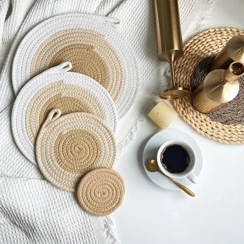 

Colored Placemat Pastoral Style Thickened Insulation Cotton Linen Woven Table Mat Heat Resistant Anti Scalding Sand Pot Cup Mat