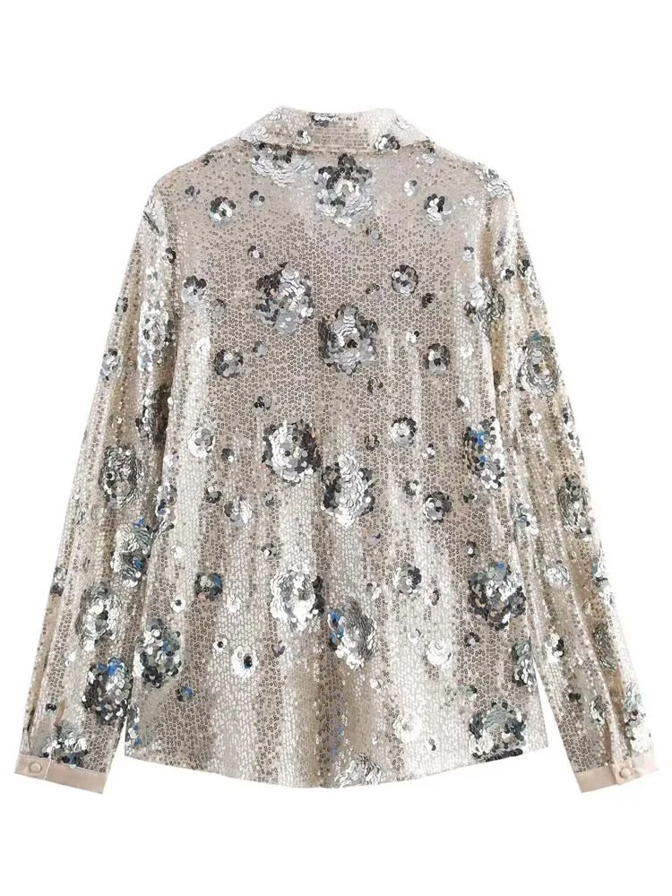 Design Floral sequin shirt for women 2025 Spring summer Fashion Long sleeve blouse Lady Loose Mesh tops see-through INKEO 5T013