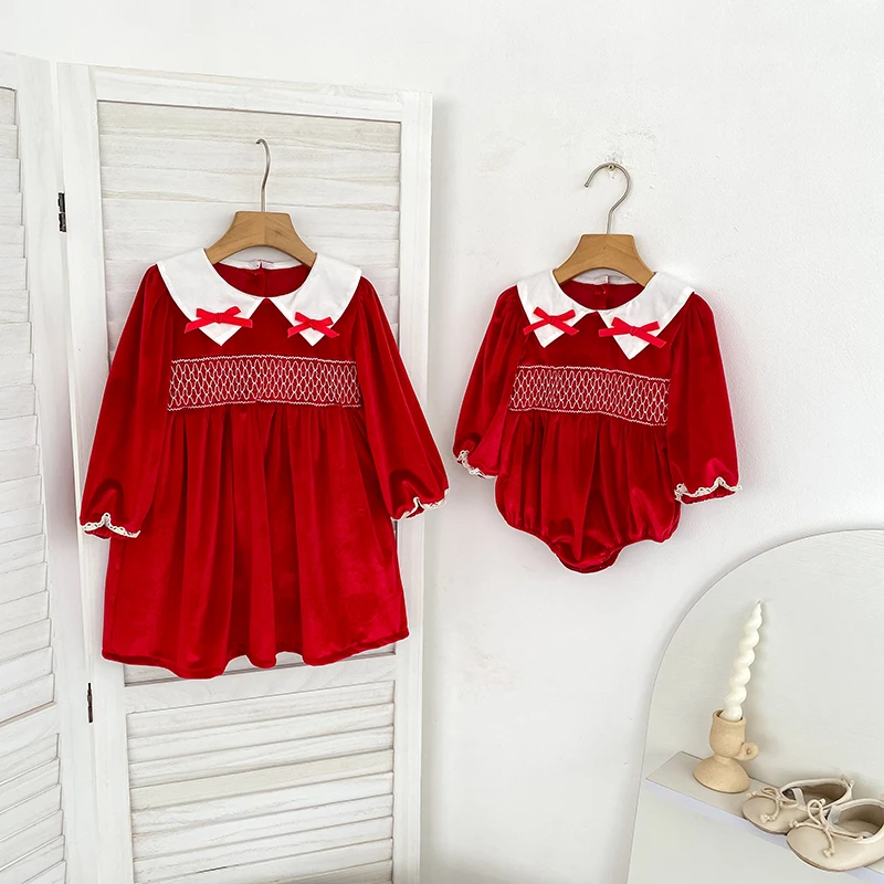 Baby Mädchen Roter Samt-Body mit Schleife Langarm Neugeborenen Party Geburtstags-Outfit Herbst Weihnachten Süßer Baby-Strampler 0-24M – Detail 17
