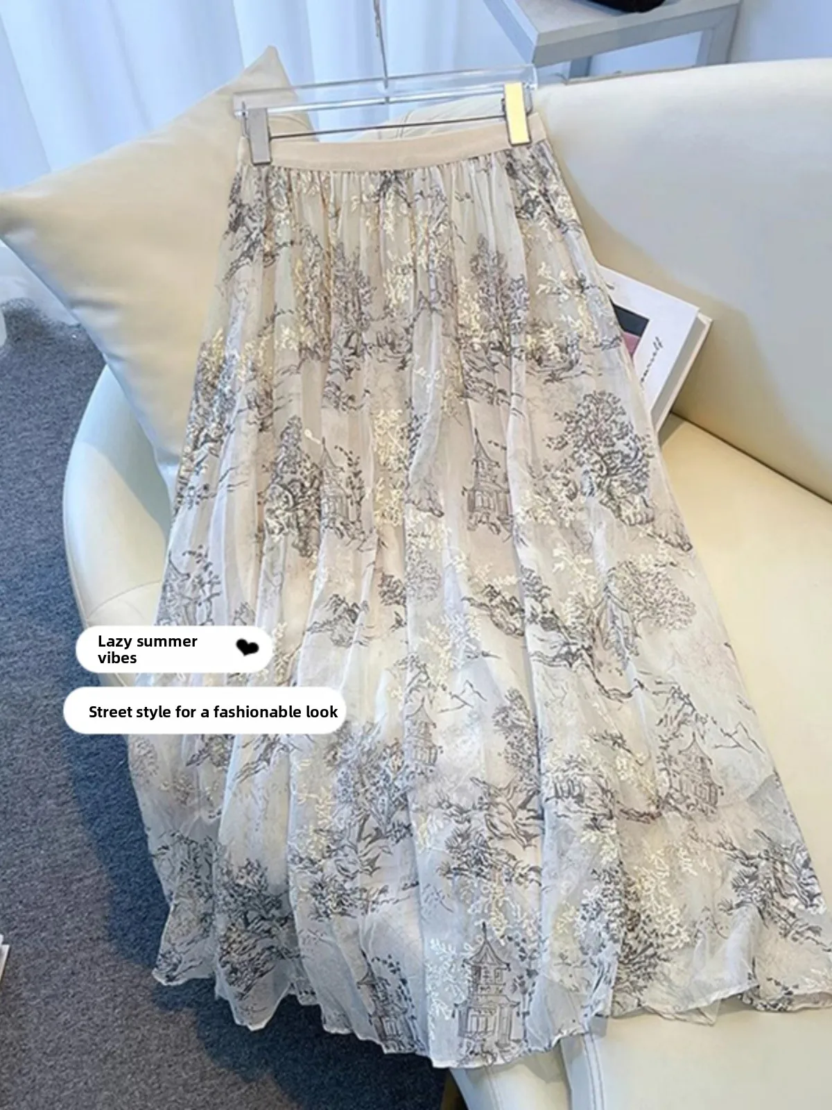 

Shiny Floral Midi Skirt Thin Chiffon Summer New Chinese Style plus Size Women's High Waist A-Line Skirt Commute Korean Style