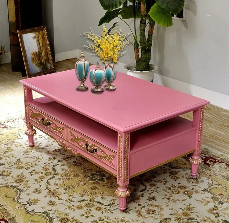 American-Style Solid Wood Large Coffee Table TV Cabinet Unit Double-Sided Drawer Square Table