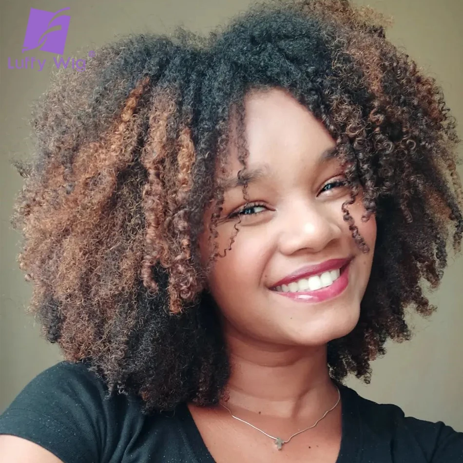 Pelucas de cabello humano Afro rizado con flequillo para mujeres negras, peluca superior de cuero cabelludo hecha a máquina completa, cabello Remy